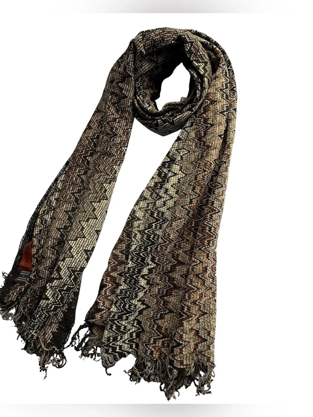 Missoni Italy Knit Chevron Scarf - Brown, Black & Light Blue Zig Zag- 67”
